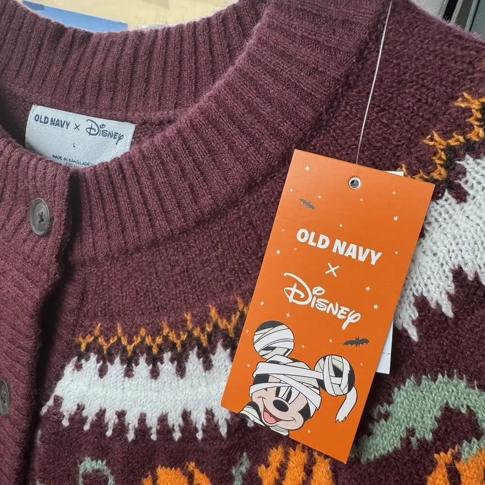 Old Navy Disney Mickey Pumpkin Cardigan Womens Large Halloween Fair Isle NWT